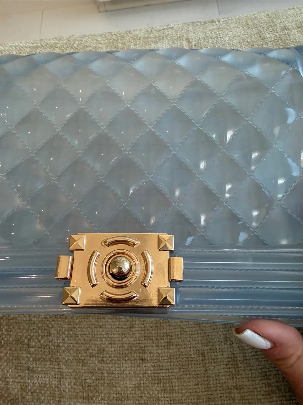 Clear Quilted Stadium Shoulder Bag with Gold Accents
